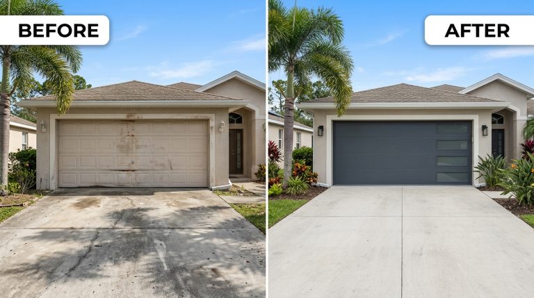 Before and after comparison of garage door replacement on a Hollywood FL home