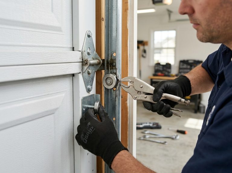 Technician resetting jumped garage door roller back into steel track Hollywood FL