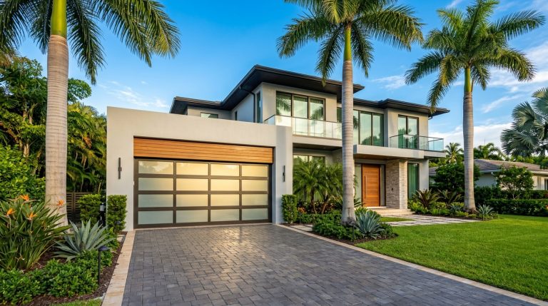 Modern luxury residential home in Hollywood FL with glass accented garage door
