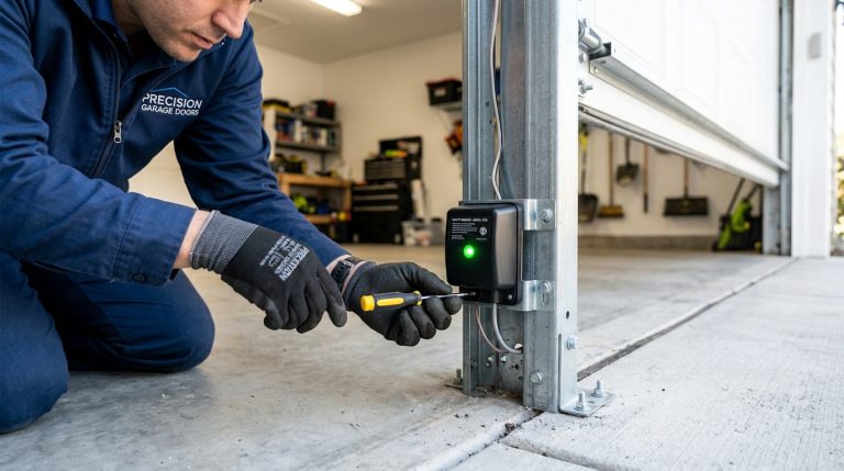 Certified technician calibrating and aligning infrared garage door safety sensors in Hollywood FL