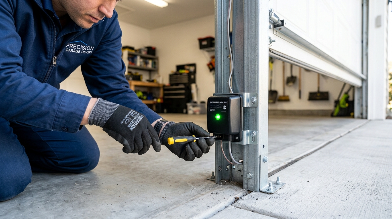 Garage Door Technician Testing Safety Sensors