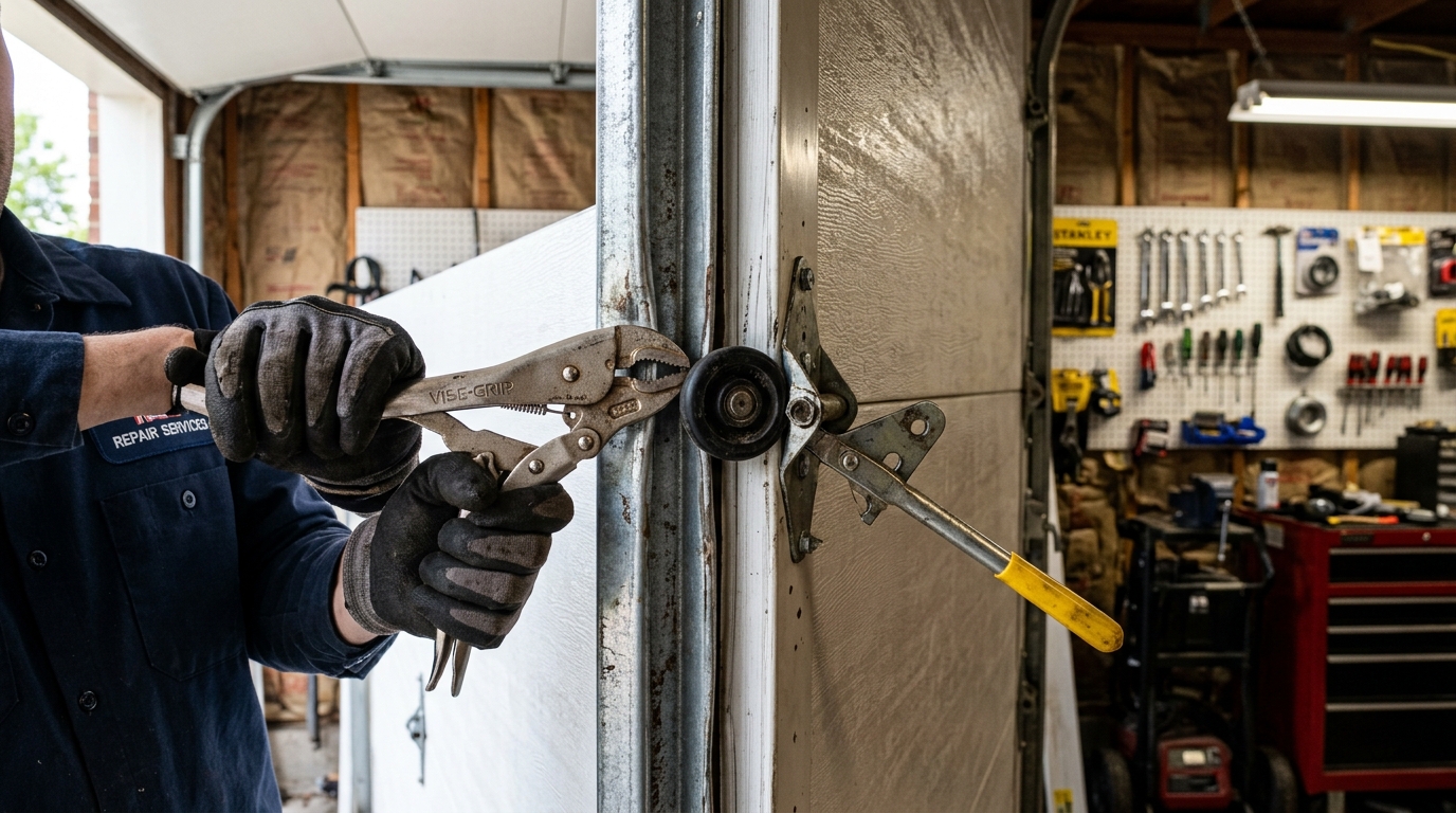 Technician resetting and aligning off-track garage door in Hollywood FL