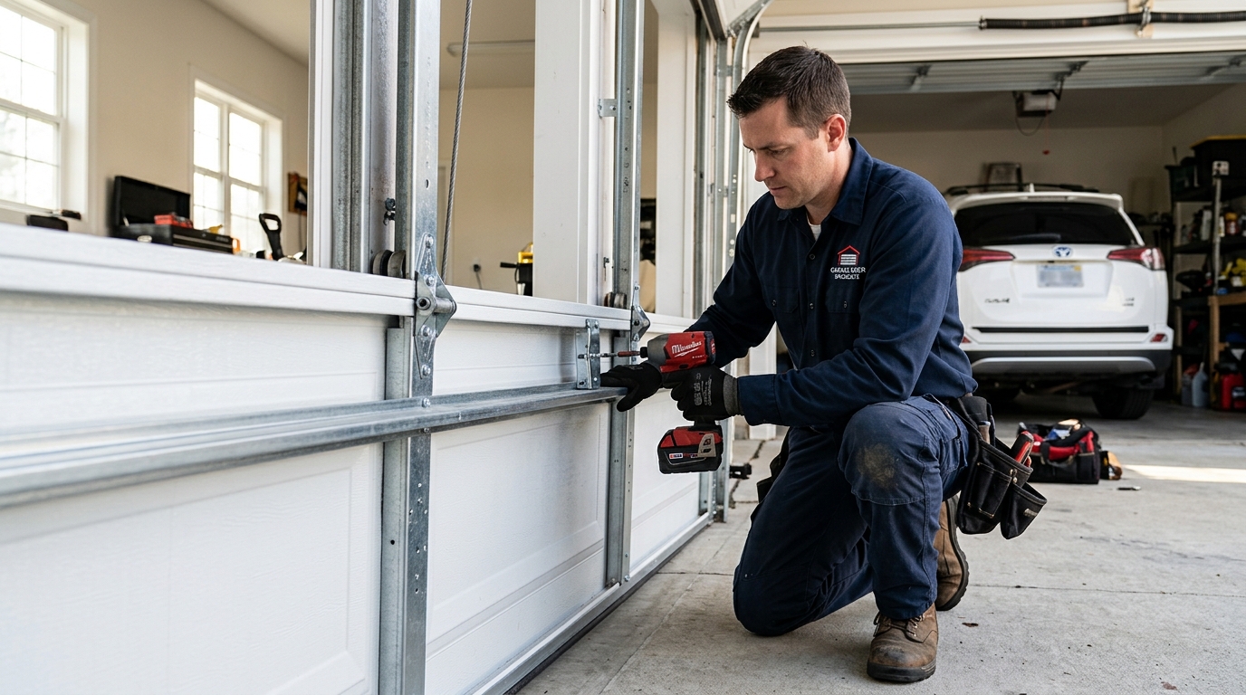Technician repairing garage door panel sections in Hollywood FL