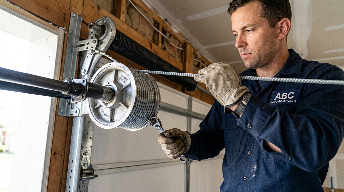Technician inspecting and replacing garage door cables in Hollywood FL